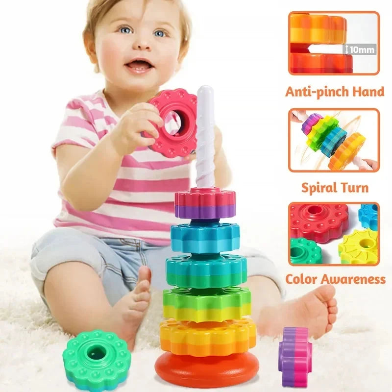 LullabyGlow™ Rotating Stacking Toy – Montessori Gear Tower for Babies