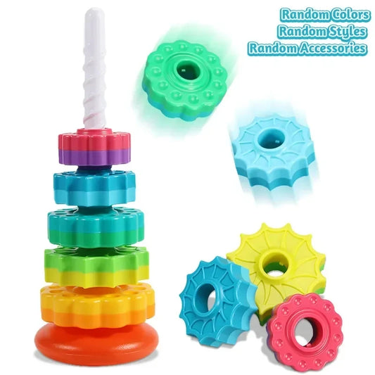 LullabyGlow™ Rotating Stacking Toy – Montessori Gear Tower for Babies