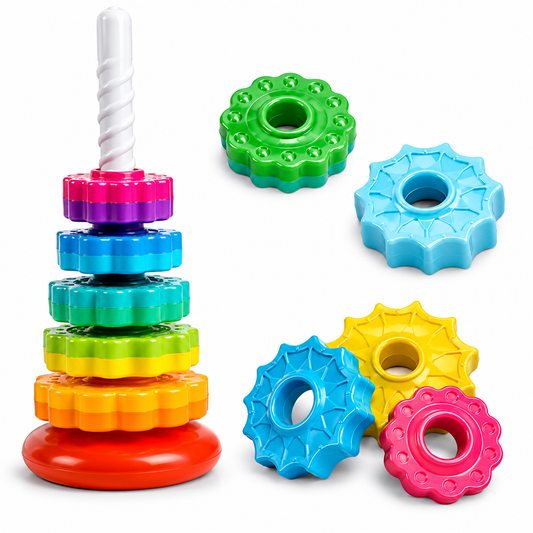 LullabyGlow™ Rotating Stacking Toy – Montessori Gear Tower for Babies